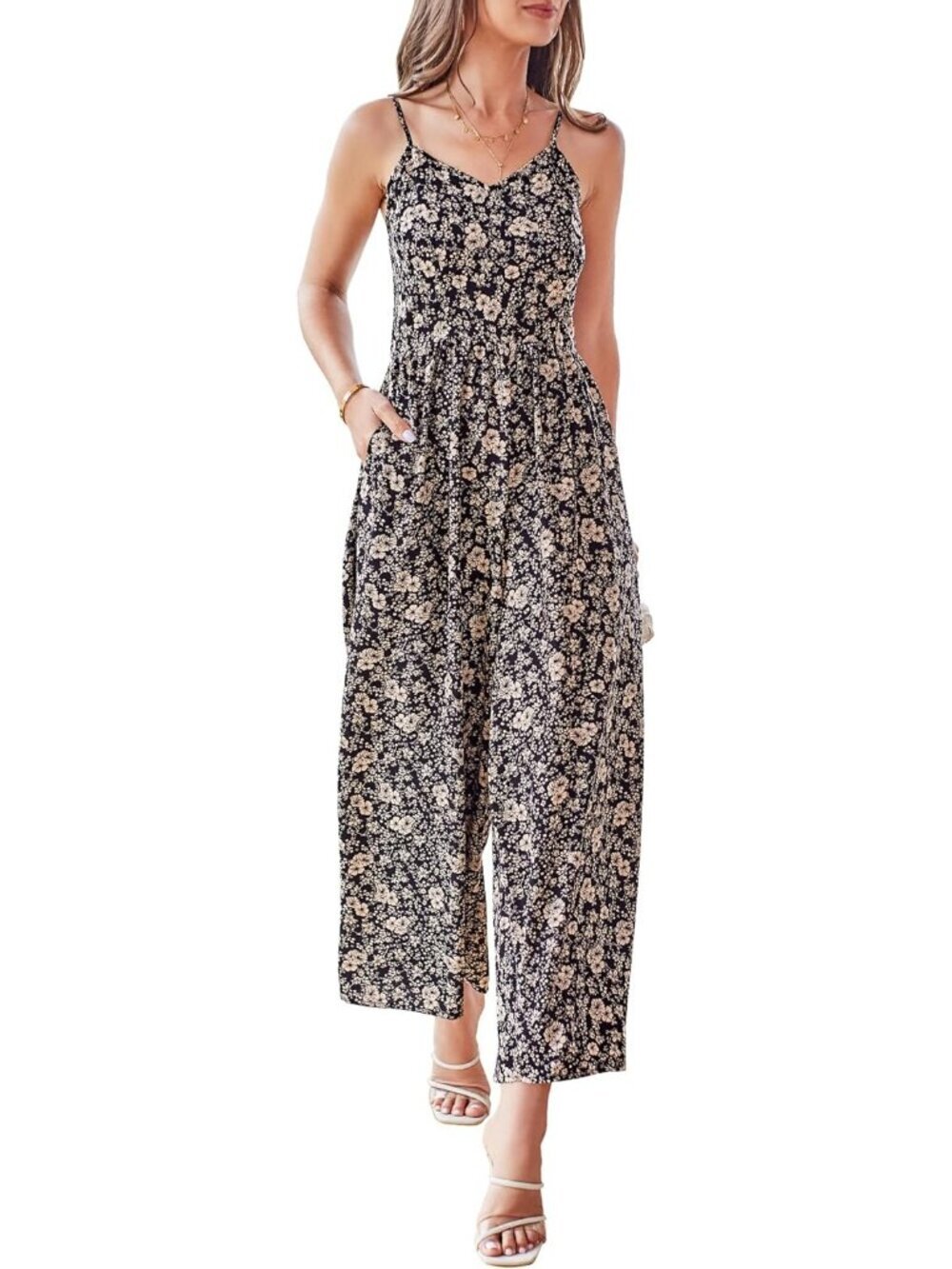 Women's Summer Floral Blue 04 Spaghetti Strap Smocked Long Rompers with Pockets
